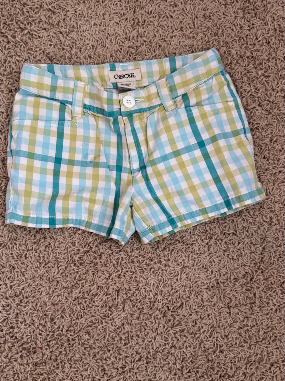 Cherokee Plaid Cotton Shorts in Teal, Lime & White